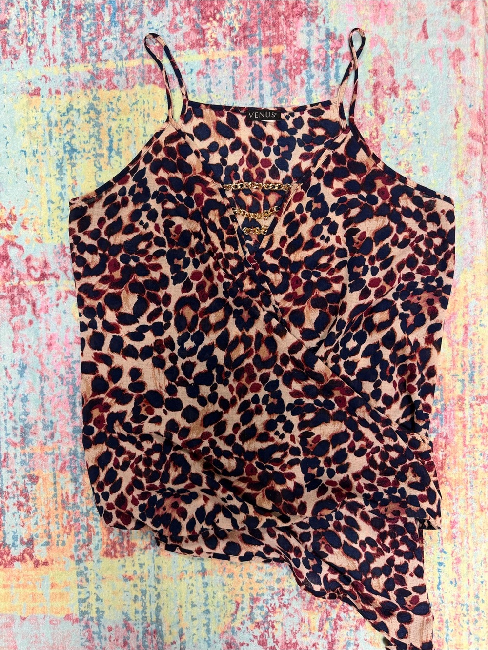 VENUS Leopard Print Chain-Detail Cami Top - Black, Brown, Tan
